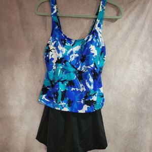 Floral Blue and Black Tankini Swimsuit